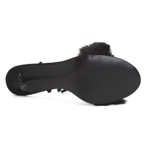 Good American Fluff Wrap Heeled Sandals Black Faux Fur Stiletto 4in Size 7 - Picture 3 of 6